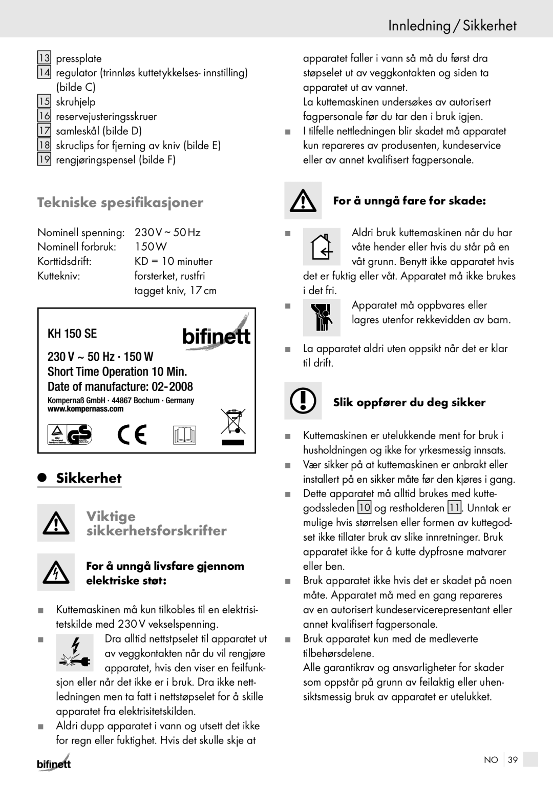 Kompernass KH 150 manual Innledning / Sikkerhet, Tekniske spesifikasjoner, Viktige sikkerhetsforskrifter 